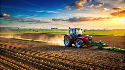 Fototapeta premium A modern tractor fertilizing a cultivated agricultural field with selective focus and copy space , tractor, irrigation