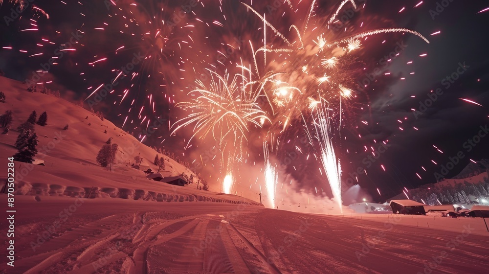 Poster fireworks light up the sky, their fiery trails creating a breathtaking display of light and color.