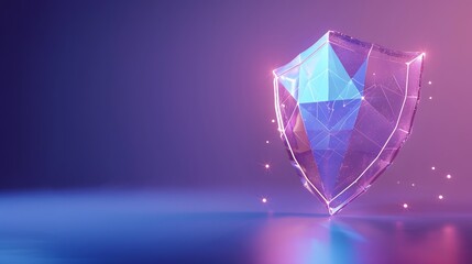 Futuristic transparent shield representing cybersecurity and data protection. Glowing holographic shield on a neon background.