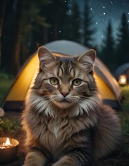 Obraz premium Camping beneath the stars, an anthropomorphic cat embraces the tranquility of nature 