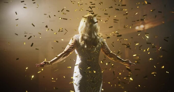 Classical Lead Singer Performing in Front of an Audience in a Theater, Watching a Powerful Music Show by a Talented Anonymous Female Opera Star. Mesmerizing Confetti Falling on Stage. Back View