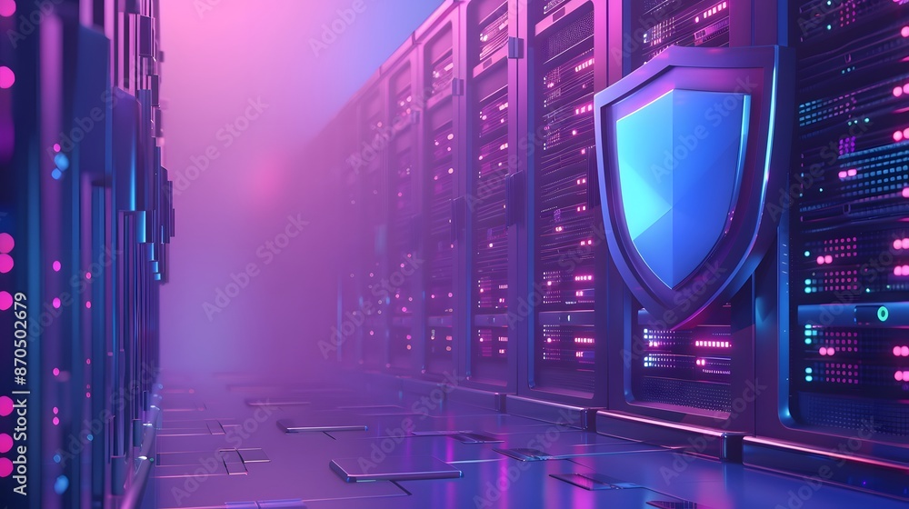 Poster high-tech data center with secure servers and glowing lights, showcasing advanced technology and cyb