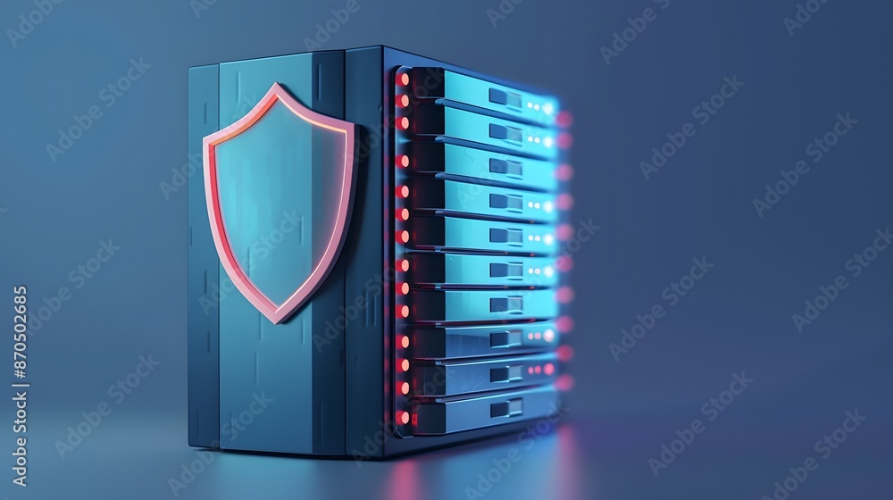 Poster high-security server rack with glowing shield icon representing advanced data protection and cyberse