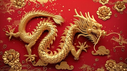 Fototapeta premium Chinese New Year. Dragon gold decoration on red background. Copy space