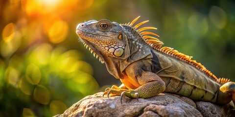 Fototapeta premium Iguana basking on a sunlit rock , reptile, lizard, wildlife, exotic, nature, scales, sunbathing, tropical, camouflage, wild, Caribbean