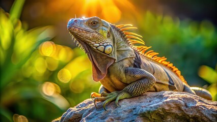 Iguana basking on a sunlit rock , tropical, reptile, wildlife, lizard, sunbathing, exotic, camouflaged, scales, nature