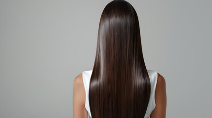 Fototapeta premium The back view of a person with long, straight, and shiny brown hair. The individual is wearing a white sleeveless top. The hair appears to be healthy and well-maintained, cascading down the back