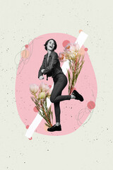 Creative abstract template collage of funny young female dancing disco blooming spring flowers...