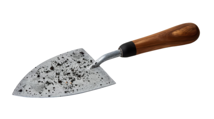 Garden Hand Trowel Tool with Wooden Handle and Soil Close-Up