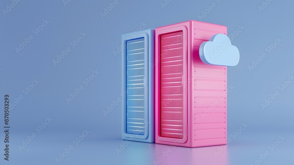 Poster minimalistic blue and pink server towers with a cloud icon on a blue background, representing cloud 