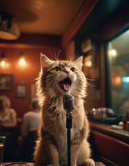 Stepping up to the mic, an anthropomorphic cat belts out tunes at the karaoke bar
