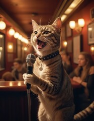 Stepping up to the mic, an anthropomorphic cat belts out tunes at the karaoke bar
