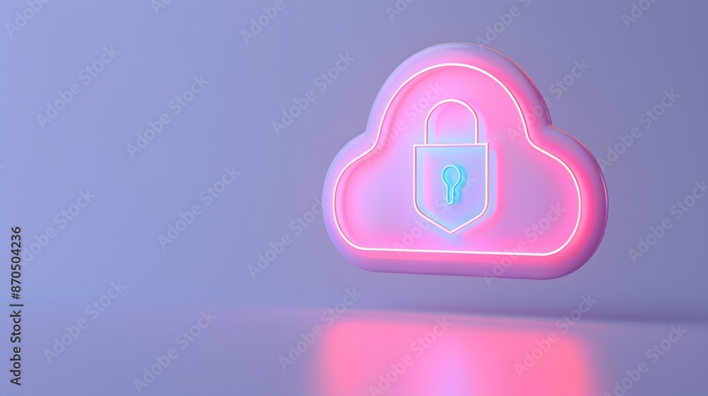 Poster neon cloud with lock icon representing data security and cloud computing against a purple background