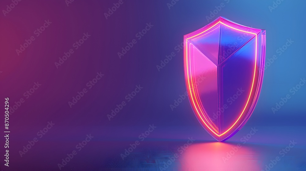 Poster neon light shield on a dark background representing protection and cybersecurity in a modern and tec