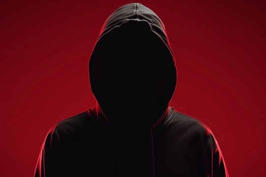 Mysterious silhouette of a person in a hoodie against a red background - Powered by Adobe