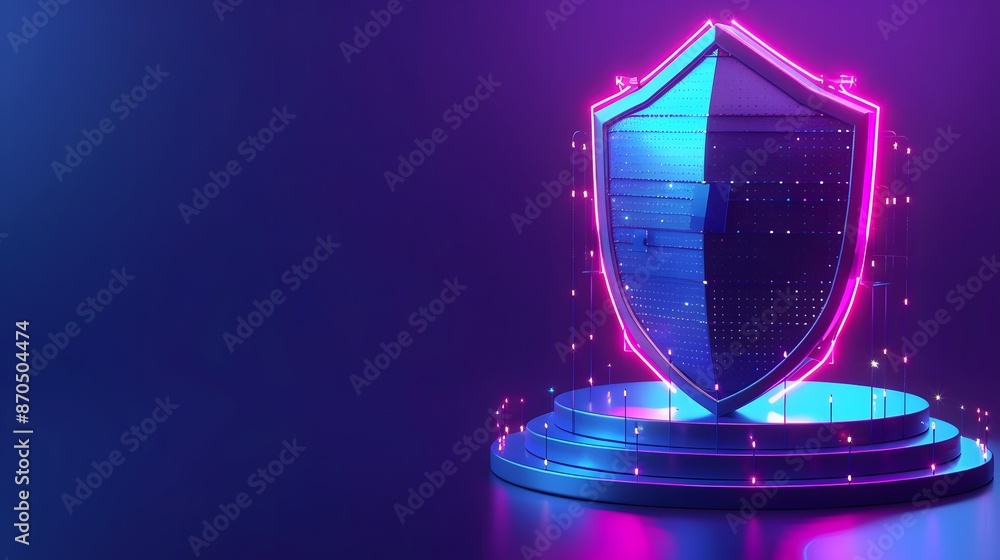 Poster neon shield icon representing cybersecurity and protection on a futuristic background. ideal for tec