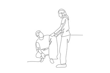 Volunteers who clean up trash. Community care concept one-line drawing