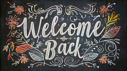 Chalkboard-style "Welcome Back" sign featuring a whimsical botanical design with leaves and vines, perfect for events or school openings.