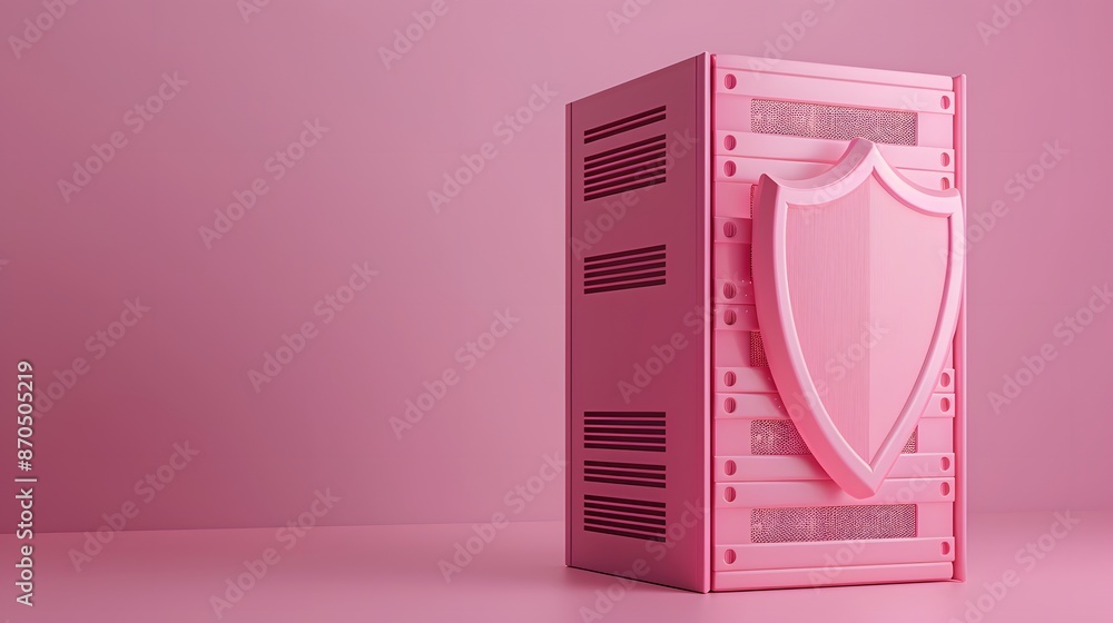 Poster pink computer server with shield icon representing data security and protection against cyber threat