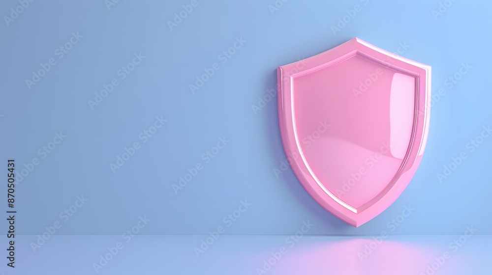 Poster pink shield icon on light blue background symbolizing protection, security, and safety. minimalist 3