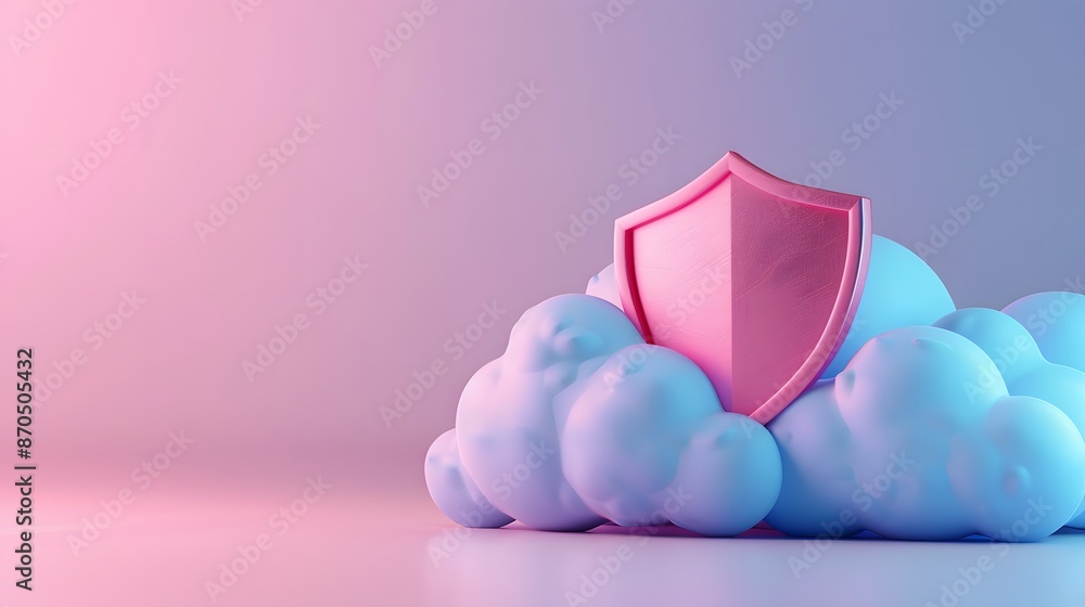 Poster pink shield icon on fluffy white clouds with a purple gradient background representing data security