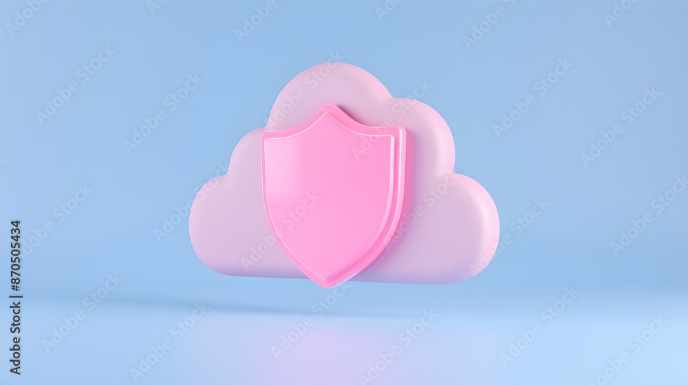 Poster pink shield icon protecting a cloud, symbolizing data and information security in cloud storage with