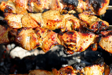 Barbecue meat sizzling on the grill, mouthwatering crust. Grilled meat with a golden crust, close-up, summer barbecue