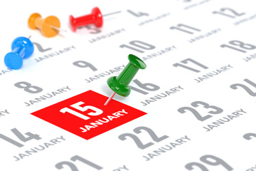 January Calendar with Green Pushpin. Calendar Concept Using White Background and Simple Composition. 3d Rendering