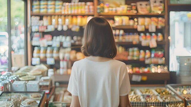 Young beautiful girl picking up groceries deciding choosing fresh food convenience store organic meal healthy eating habits supermarket market customer looking for a lunch retail shopping sale fit