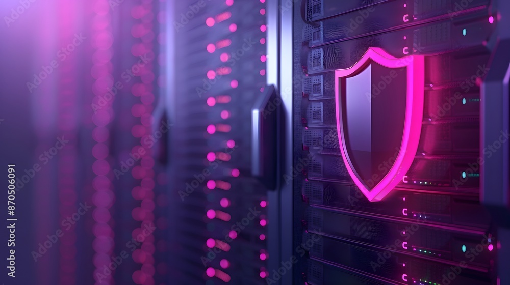 Poster secure data server room with glowing pink shield icon symbolizing cybersecurity and protection. mode