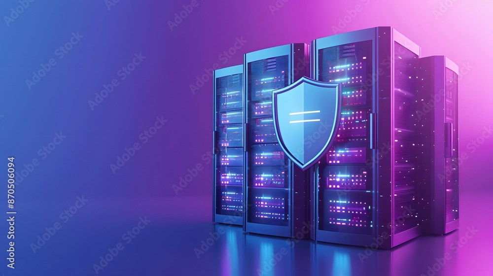 Poster secure data server room with glowing lights, shield emblem highlighting cybersecurity and data prote