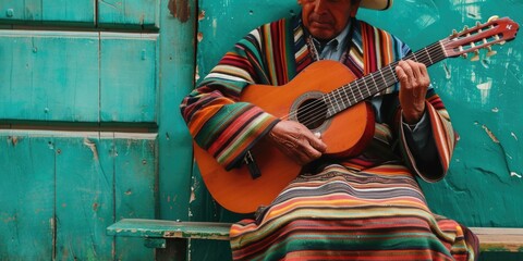 Man plays guitar on bench