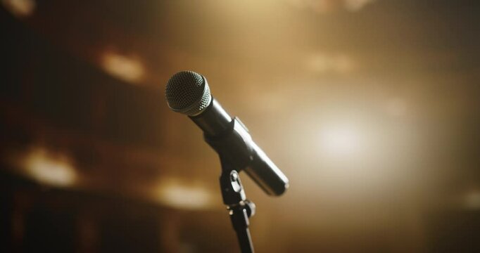 Close Up of a Microphone at a Night Concert. Music Artist Preparing to Take the Stage, Sing Popular Hit Songs to Entertain a Loving Adoring Crowd of Fans and Spectators in the Audience