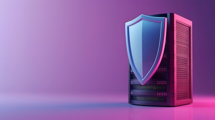 Secure server data protection with cybersecurity concept. Shield and server in modern isometric gradient background.