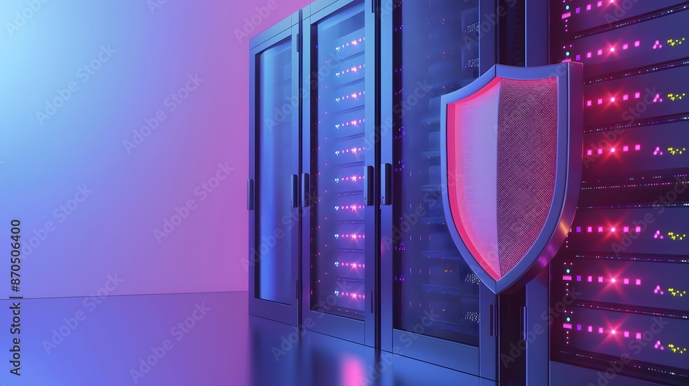 Poster secure server room with illuminated data racks and a glowing shield symbolizing cybersecurity, prote