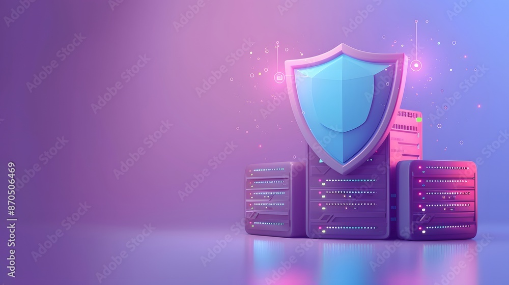 Poster secure server room with shield, data protection, and cybersecurity concept. modern technology backgr