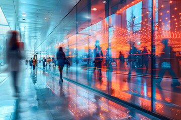 Modern Office Corridor with Active Employees and Glass Walls