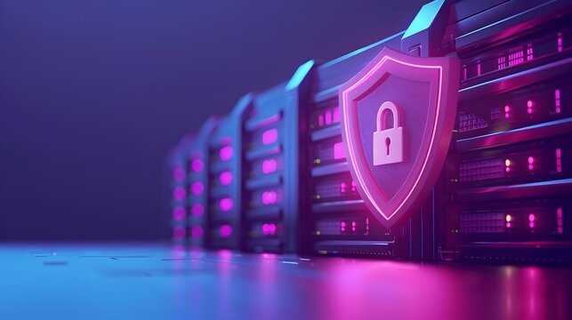 Secure server room with neon lights and data protection shield. High-tech digital security system concept.