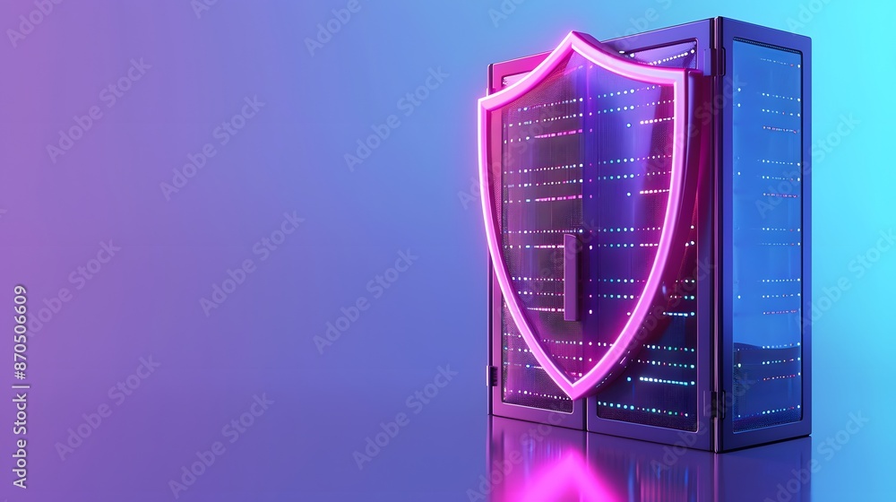 Poster secure server with a glowing shield icon, representing cybersecurity and data protection in a neon-l