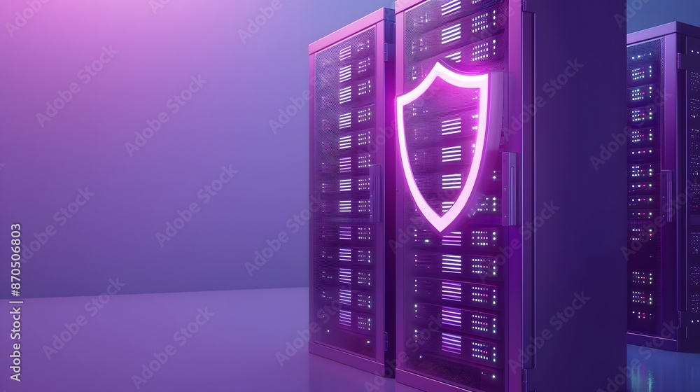 Poster server racks with a glowing security shield symbolizing data protection in a high-tech environment, 