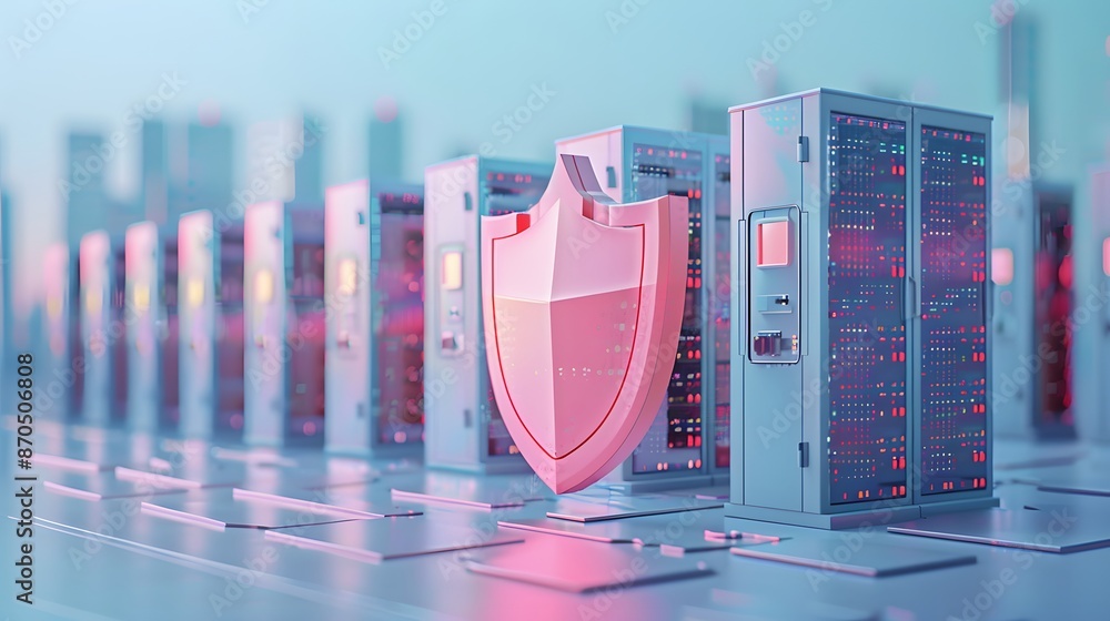 Poster server racks with a shield icon symbolizing cybersecurity protection in a data center environment, e