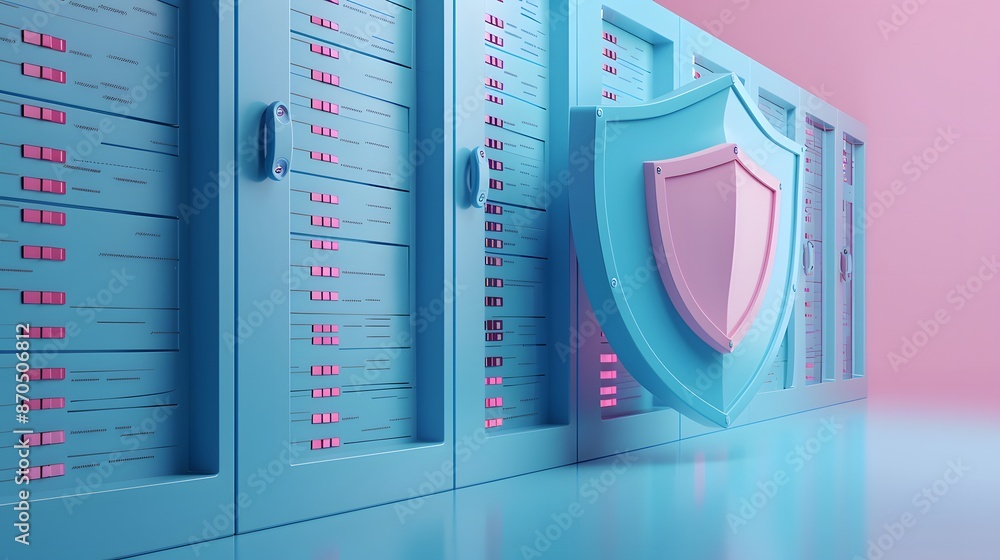Aufkleber server room with cybersecurity shield, symbolizing protection of data and information. blue and pink