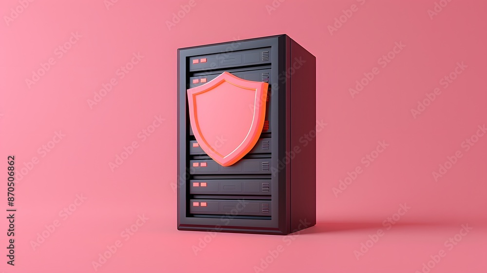 Poster server security concept with a pink shield protecting a black server box on a pink background, illus