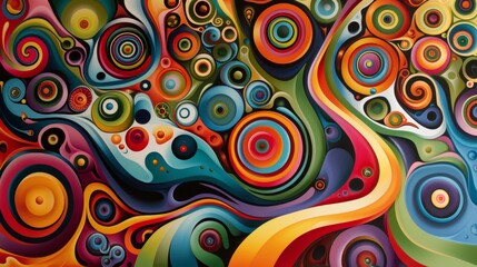 A colorful painting with many circles and swirls