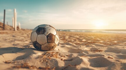 A soccer ball is sitting on the sand at the beach