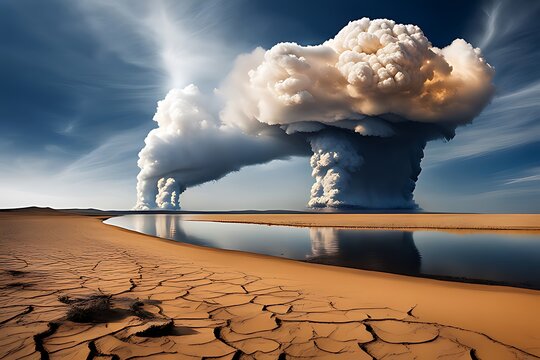 Apocalyptic Desert Landscape with Smoke Plume.