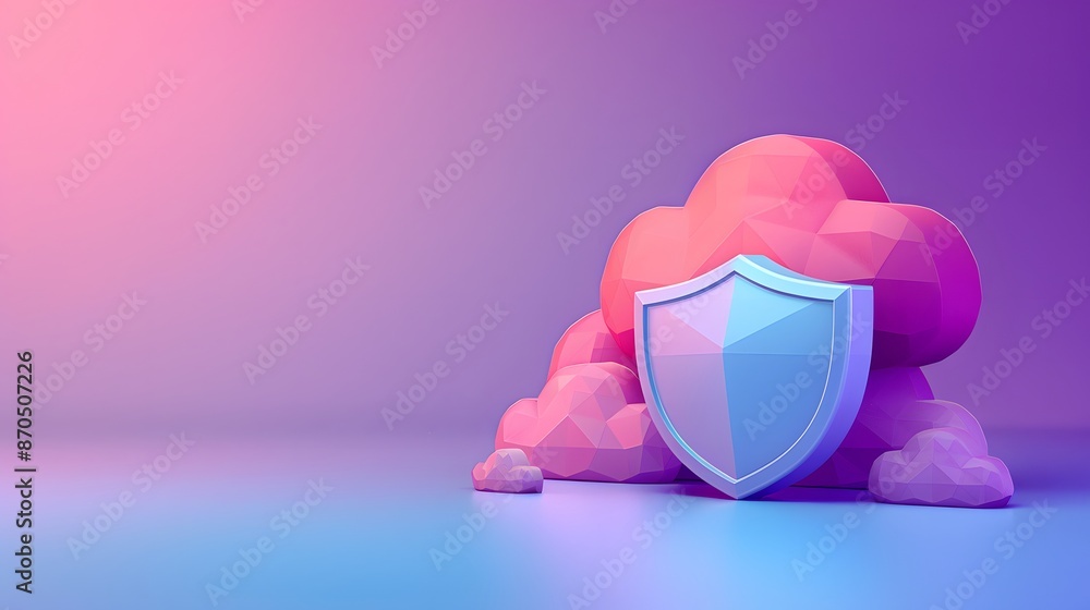 Poster shield symbolizing cloud data security against a colorful gradient background. digital protection an