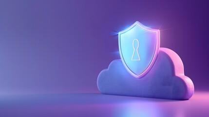 Shield icon over a cloud on a purple background representing cloud security and data protection with a digital lock symbol.