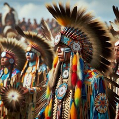 Native American Regalia: Indigenous people in traditional regalia during a powwow. 003