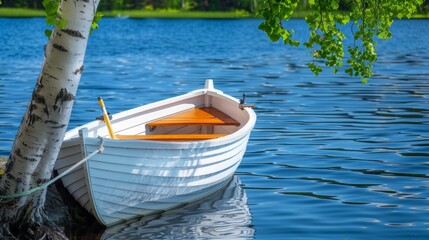 Obraz premium Serene lakeside scenery with white rowboat and birch tree